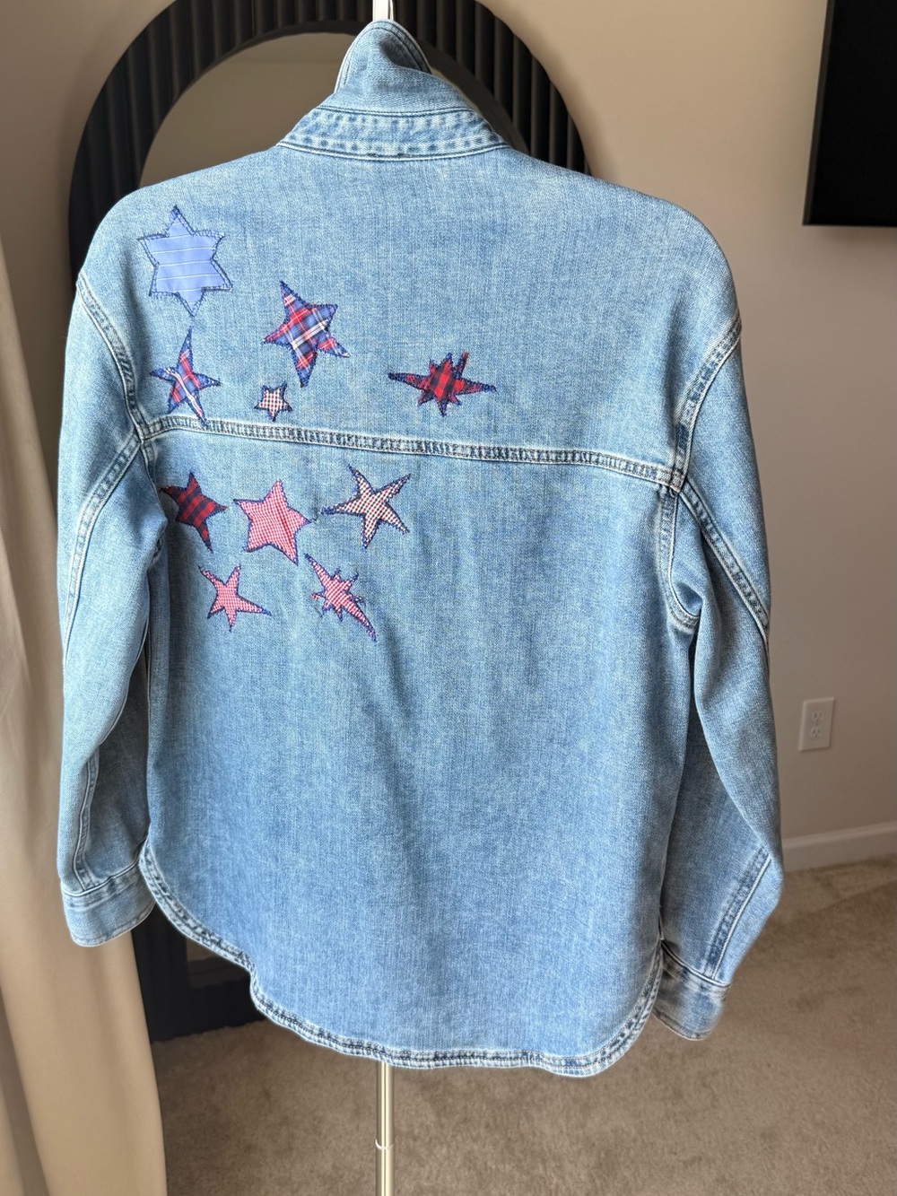 Americana  Light Blue Denim Jacket with Pink & Red Star Patches